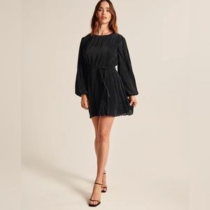 Long-Sleeve Satin Plisse Mini Dress